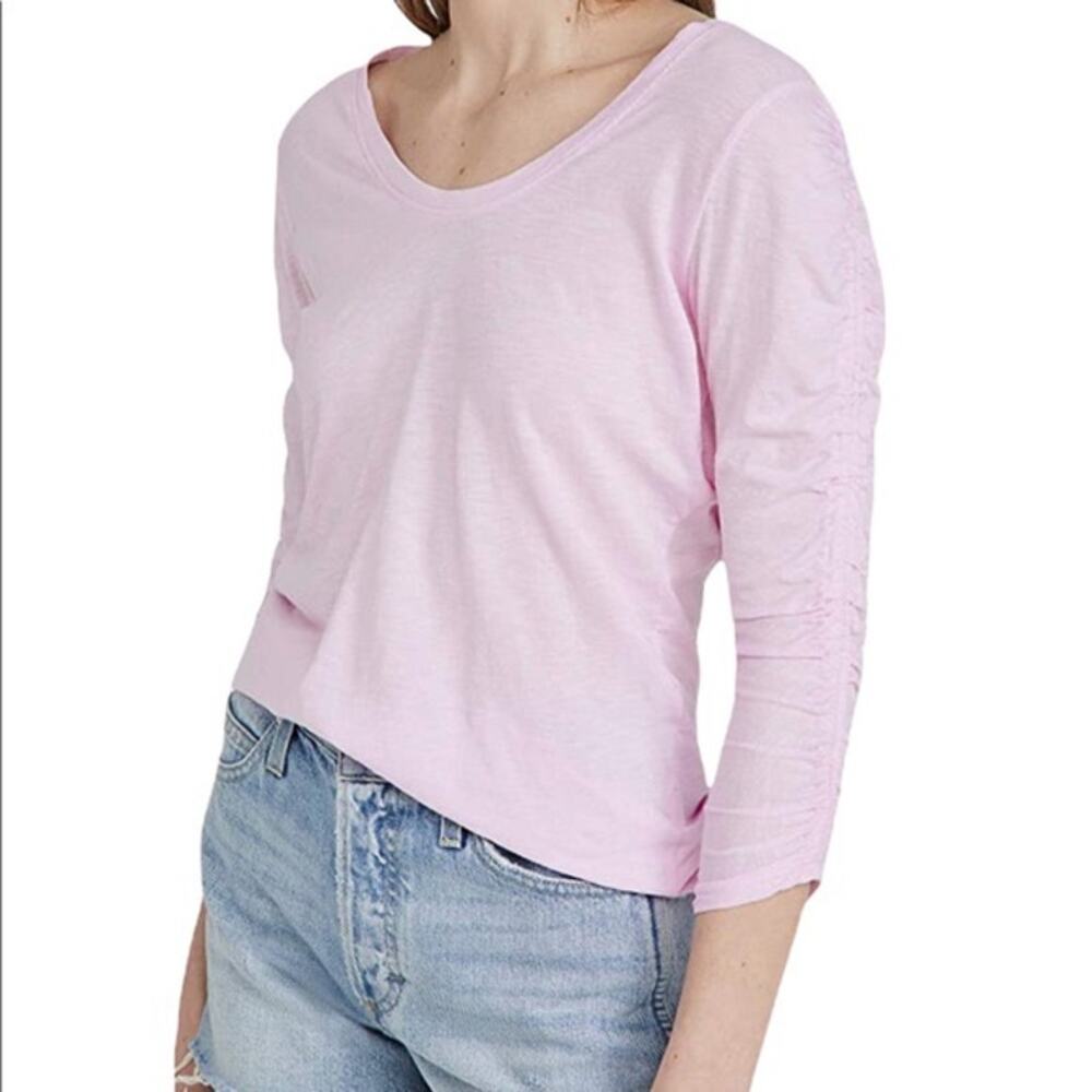 Sundry Pink Shirred 3/4 Sleeve Scoop Neck Pima Cotton T-Shirt Size S